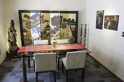 LR glass table and charis and chinese screen